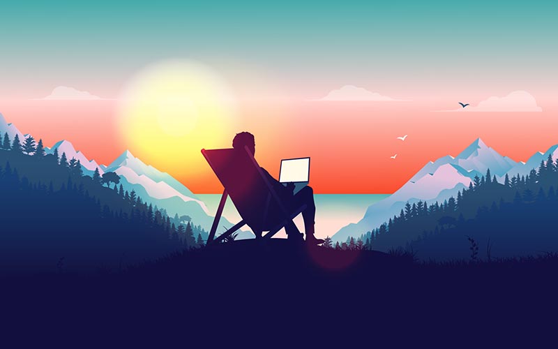 Illustration of Person with Computer on the Mountains Near Sunset